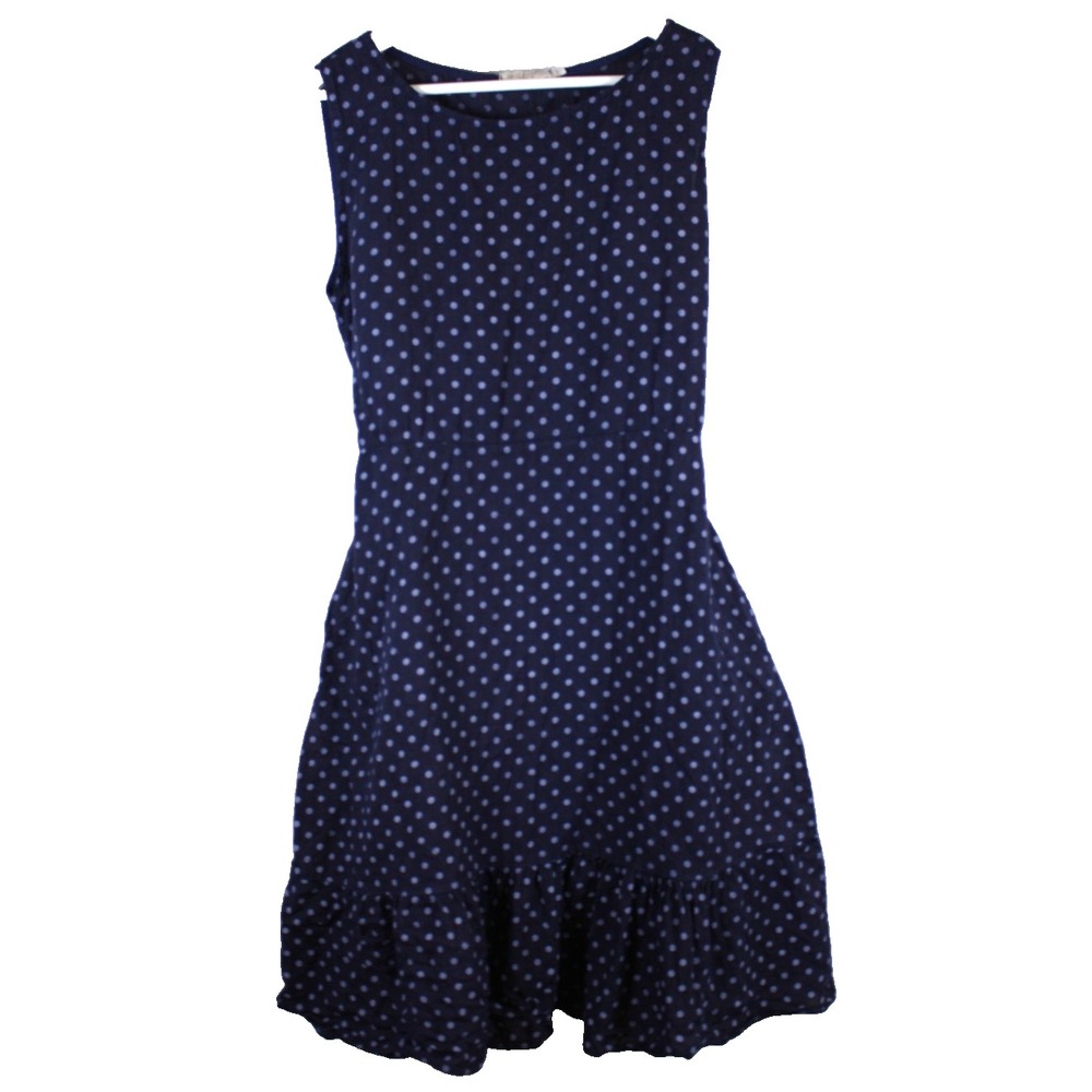 Stella Martini Navy Blue Polka Dot Dress Size Large Linen Midi Ruched Sleeveless